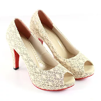 ◤Green Phoenix◥蕾絲金蔥魚口高跟鞋22.5米色