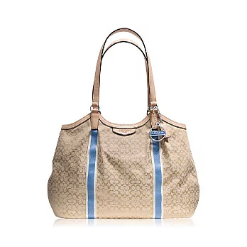 COACH織布皮飾邊手提/肩背托特包_卡其/藍色