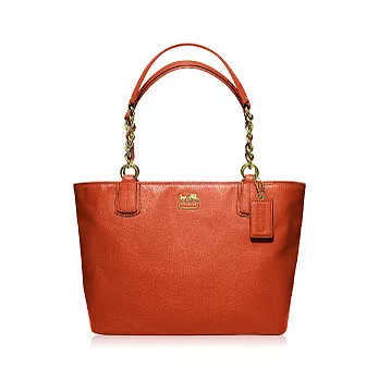 COACH 素面皮革馬車標誌手提/肩背托特包_橘色