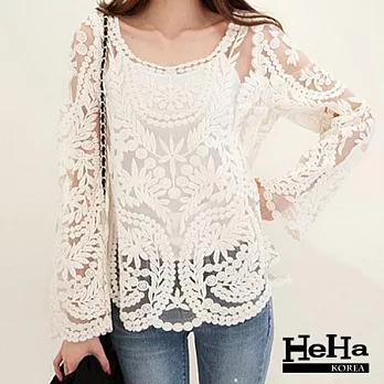 罩衫 鏤空鉤花蕾絲寬鬆套頭罩衫 三色-HeHa-FREE(杏色)