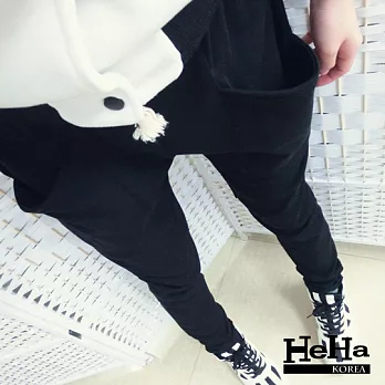 哈倫褲 純棉彈力大口袋拉繩哈倫休閒褲 三色-HeHa-FREE(黑色)
