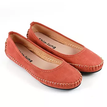 ◤Green Phoenix◥柔軟輕盈車縫線仿麂皮平底娃娃鞋37磚紅色