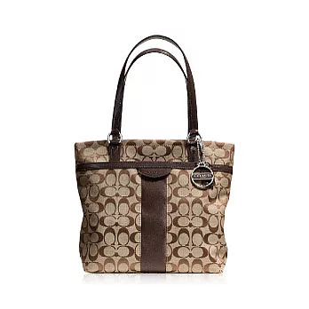 COACH 直條 織布皮飾邊肩背托特包_卡其/咖啡色