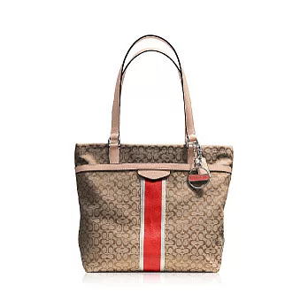 COACH 直條 織布皮飾邊肩背托特包_卡其/橘色