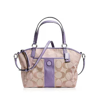 COACH 直條紋織布皮飾邊肩背/斜背兩用貝殼包_卡其/粉紫色