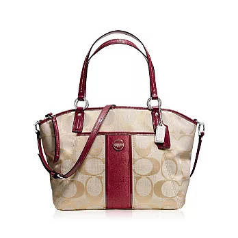 COACH 直條紋織布皮飾邊肩背/斜背兩用貝殼包_卡其/紅色