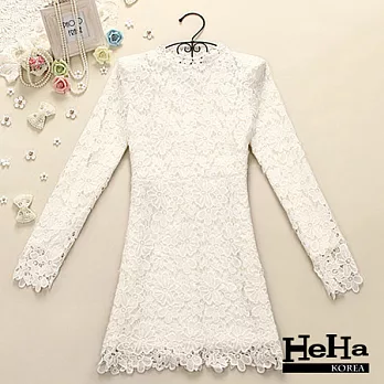 蕾絲 甜美花朵刺繡蕾絲立領洋裝-HeHa-M*
