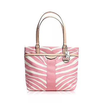 COACH 直條 織布皮飾邊肩背托特包_粉紅色