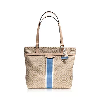 COACH 直條 織布皮飾邊肩背托特包_卡其/藍色