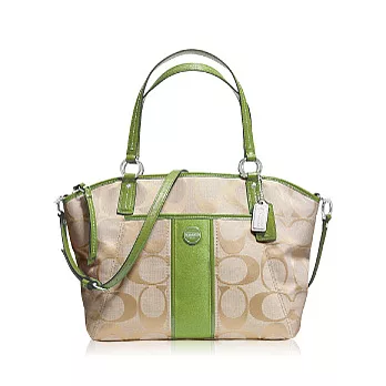 COACH 直條紋織布皮飾邊肩背/斜背兩用貝殼包_卡其/綠色