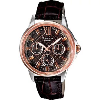 CASIO SHEEN系列 奢華菱格三眼水晶鑽錶-咖啡金