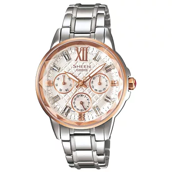 CASIO SHEEN系列 奢華菱格三眼水晶鑽錶-玫瑰金