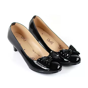 ◤Green Phoenix◥甜美蝴蝶結圓頭中跟鞋22.5黑亮色