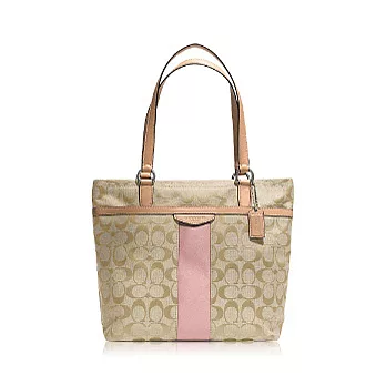 COACH 直條 織布皮飾邊肩背托特包_卡其/殼粉色