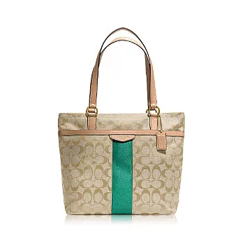 COACH 直條 織布皮飾邊肩背托特包_卡其/綠寶石色