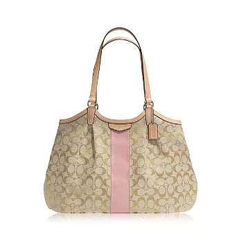 COACH織布皮飾邊手提/肩背托特包_卡其/殼粉色