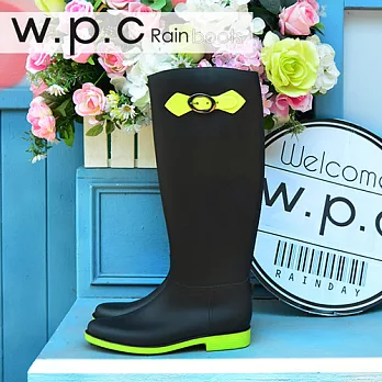 【w.p.c】日系撞色時尚顯瘦扣環長筒雨靴S黑螢光黃