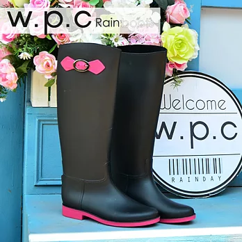 【w.p.c】日系撞色時尚顯瘦扣環長筒雨靴S黑螢光粉