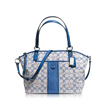 COACH 直條紋織布皮飾邊肩背/斜背兩用貝殼包_灰/藍色