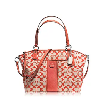 COACH 直條紋織布皮飾邊肩背/斜背兩用貝殼包_淺卡其/橘色