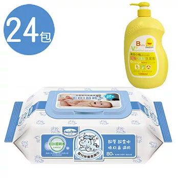 貝恩 天然EDI超純水柔濕巾(80抽1箱)+黃色小鴨 奶瓶蔬果洗潔劑罐裝1000ML
