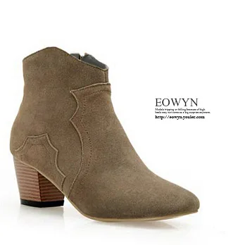 EOWYN．韓系復古麂皮造型高跟短靴/卡其36/黑色37/卡其39/EX1383-114(現貨)36卡其36
