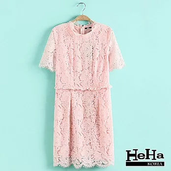 洋裝 花朵睫毛蕾絲短袖連身洋裝 二色-HeHa-M(粉色)