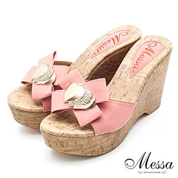 【Messa米莎】(MIT)心心相印鑽飾楔型涼拖鞋-二色38粉紅色