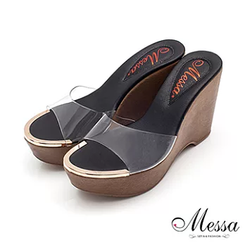 【Messa米莎】(MIT)前衛金屬鑲邊透視涼拖楔型鞋-二色35黑色