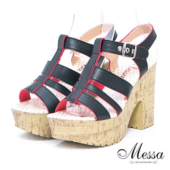 【Messa米莎】(MIT) 打造復古寬帶繞踝粗跟厚底涼鞋35黑色