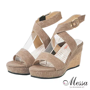 【Messa米莎】(MIT)森林女孩交叉繫踝楔型跟鞋38棕色