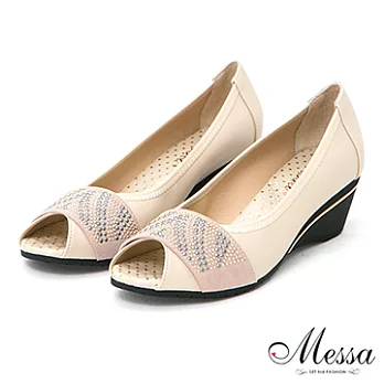 【Messa米莎】(MIT)法式優雅亮片內真皮魚口楔型鞋-兩色36米色
