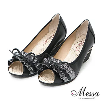 【Messa米莎】(MIT)柔雅浪漫珠光蝴蝶結內真皮魚口楔型鞋-兩色38黑色