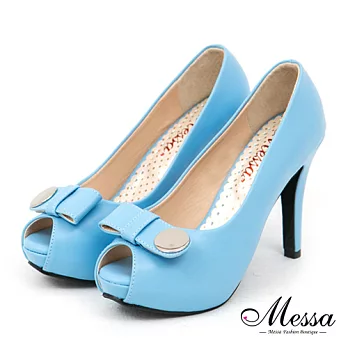 【Messa米莎專櫃女鞋】MIT 法式甜心纖細感蝴蝶結內真皮經典魚口高跟鞋-三色36藍色