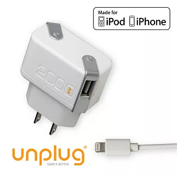 unplug 2A雙USB旅行用充電器+lightning傳輸線白色