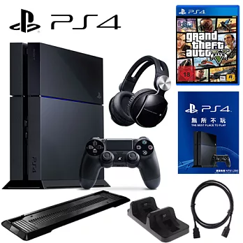 PS4 500G 單機-極致黑+SONY0086耳機+12個月會籍-專+副場黑直立架+高品質HDMI線+DOBE雙手把充電座+加碼送遊戲任選*1俠盜列車手