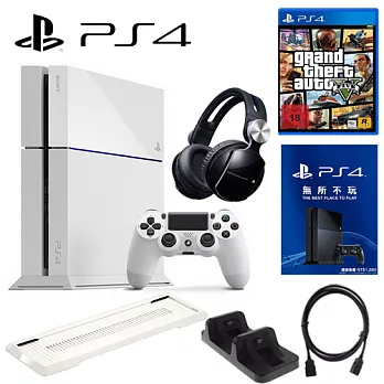 PS4 500G 單機-冰河白+SONY0086耳機+12個月會籍-專+副場白直立架+DOBE雙手把充電座+高品質HDMI線+加碼送遊戲任選*1俠盜獵車手