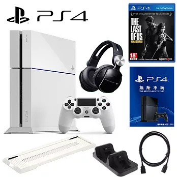 PS4 500G 單機-冰河白+SONY0086耳機+12個月會籍-專+副場白直立架+DOBE雙手把充電座+高品質HDMI線+加碼送遊戲任選*1最後生還者