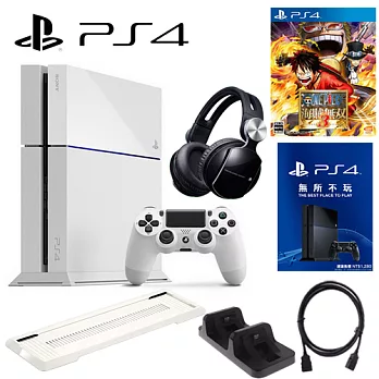 PS4 500G 單機-冰河白+SONY0086耳機+12個月會籍-專+副場白直立架+DOBE雙手把充電座+高品質HDMI線+加碼送遊戲任選*1海賊無雙3中文版