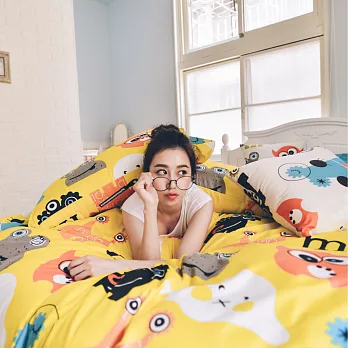 cheri【怪怪妖怪-黃】台灣製 超細纖 吸濕排汗專利-加大薄被套/床包 四件組怪怪妖怪-黃