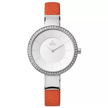 OBAKU 采麗時刻晶鑽時尚腕錶-銀x橘皮帶