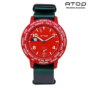 ATOP｜世界時區腕錶－24時區潮流系列真皮款 - (紅/深綠)