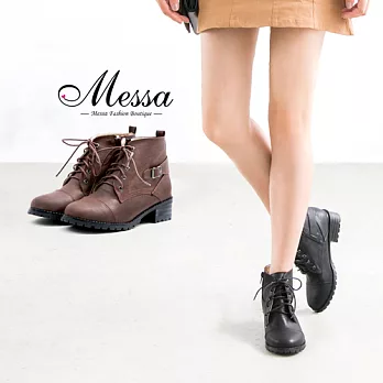 【Messa米莎專櫃女鞋】MIT 經典學院風繫帶側拉鍊牛津粗跟短靴35咖啡色
