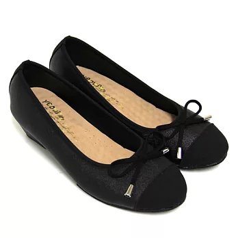 【Pretty】悠閒小蝴蝶結拼接楔型娃娃鞋23黑布