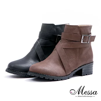 【Messa米莎專櫃女鞋】MIT 韓風隨性繞帶側拉鍊低跟短靴35黑色