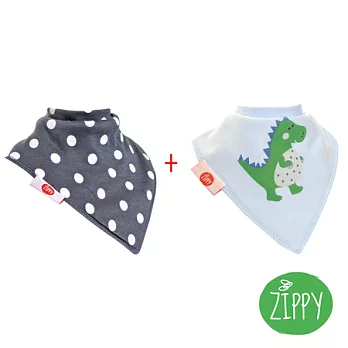 英國Zippy 幼兒時尚口水巾2入組-圓點灰+恐龍