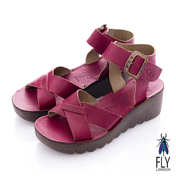 Fly London(女) LINDA 交錯踝帶扣環牛皮楔型涼鞋-酒紅37酒紅