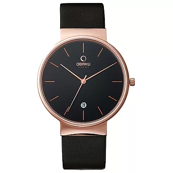 OBAKU 純粹經典三針日期時尚皮帶腕錶-玫瑰金框黑