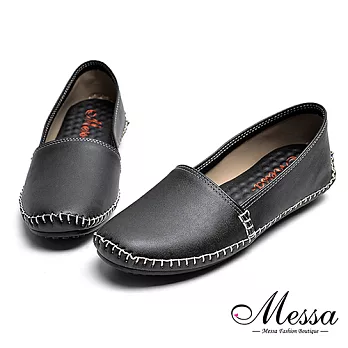 【Messa米莎專櫃女鞋】MIT素面縫線柔軟豆豆底圓頭包鞋40黑色