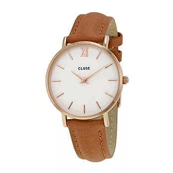 CLUSE MINUIT玫瑰金系列 白錶盤/焦糖色皮革錶帶
